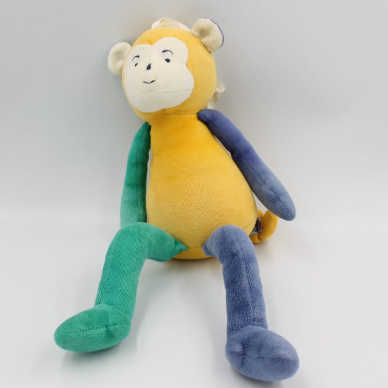 Doudou singe vert jaune bleu