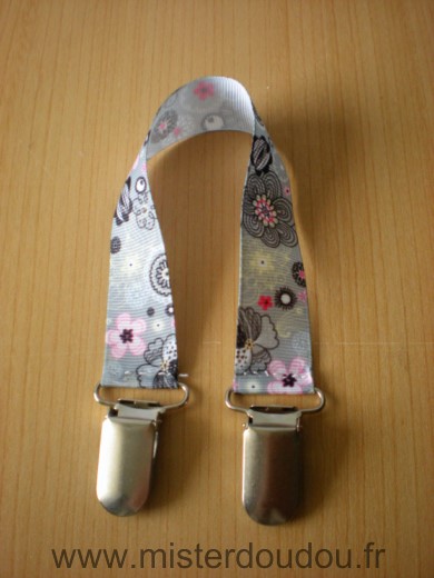 1 attache doudou Ruban Gris rose motifs fleurs - Neuf