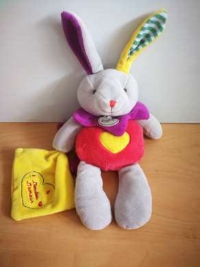 Baby nat Lapin Rose gris coeur jaune mouchoir jaune - Très bon état