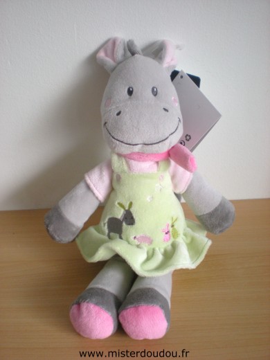 Nicotoy Ane Gris rose robe verte avec ane et lapins brodés - Neuf