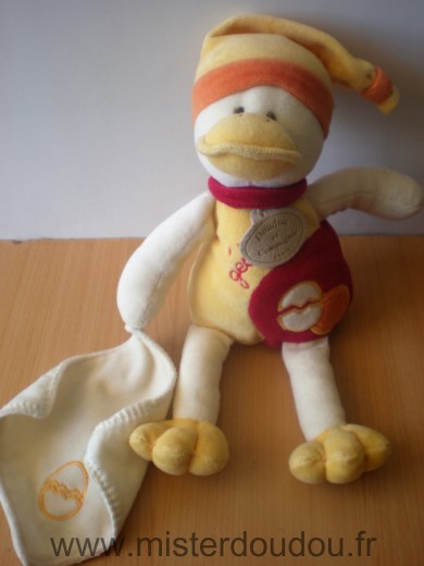Doudou et compagnie Canard Gedeon jaune rouge mouchoir - Très bon état