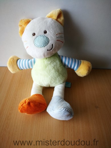 Bébérêve Chat Vert blanc jaune raye bleu blanc - Très bon état