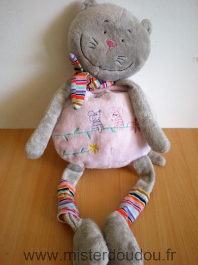 Cp international Chat Gris rose echarpe rayee motifs souris - Très bon état