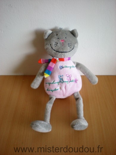 Cp international Chat Gris rose echarpe rayee motifs souris - Très bon état