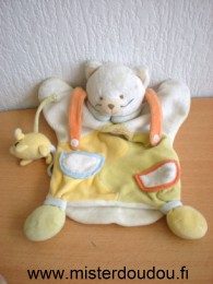 Chat Blanc jaune vert avec souris jaune Doudou et compagnie