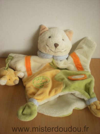 Doudou et compagnie Chat Fripouille avec souris blanc jaune vert - Très bon état