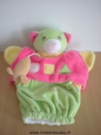 Nounours Chat Vert jaune rose avec souris marron - Très bon état