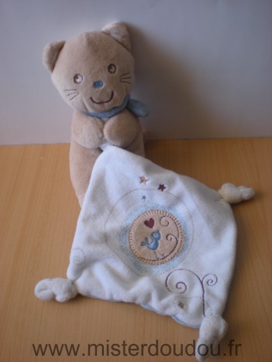 Pommette Chat Beige mouchoir blanc bleu oiseau - Très bon état