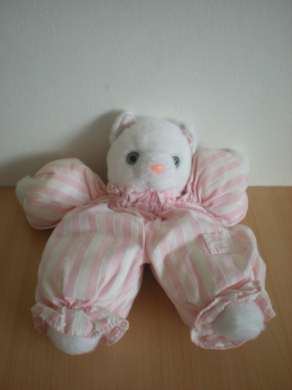 Tartine et chocolat Chat Rayé rose et blanc tête en peluche blanche yeux bleus - Très bon état