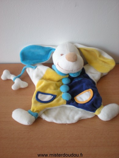 Doudou et compagnie Chien Blanc bleu jaune avec os - Très bon état