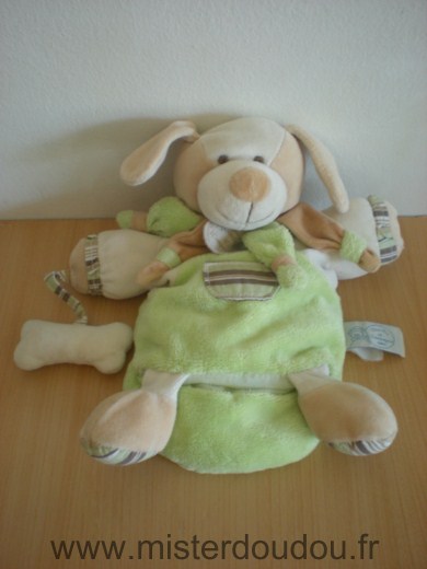 Doudou et compagnie Chien Chien copain vert poche rayee avec os - Très bon état