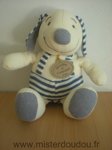 Chien écru salopette rayée bleu blanc Doudou et compagnie