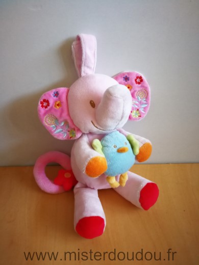 Bébérêve Eléphant Rose motifs fleurs tenant oiseau bleu - Très bon état