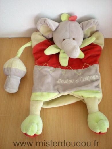 Doudou et compagnie Eléphant Gris rouge vert - Très bon état