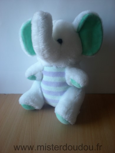 Jemini Eléphant Peluche blanc rayures mauve vert - Très bon état
