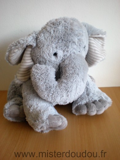 Marque Inconnue Eléphant Peluche izaneo assis gris oreilles rayees - Très bon état