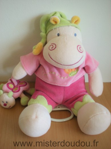 Nattou Hippopotame Rose bonnet vert papillon - Très bon état