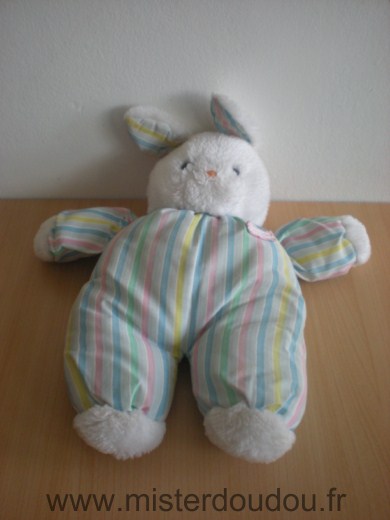 Boulgom Lapin Tête en peluche blanche, corps rayé rose vert bleu - Très bon état