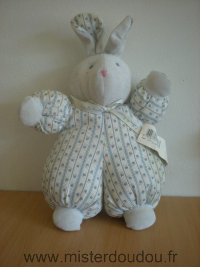 Calin et bisous Lapin Bleu blanc fleurs - Très bon état