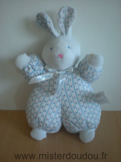 Calin et bisous Lapin Bleu blanc motifs fleurs bleus roses - Très bon état