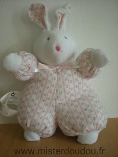 Calin et bisous Lapin Rose blanc fleurs - Très bon état