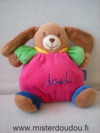Doudi Lapin Rose fushia vert bleu col jaune - Très bon état