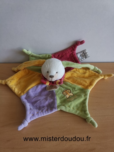 Doudou et compagnie Lapin Lapinou multicolore mauve jaune rouge vert - Très bon état