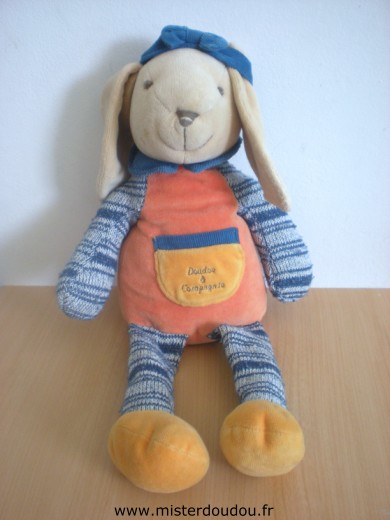 Doudou et compagnie Lapin Orange bleu pattes en tricot - Très bon état
