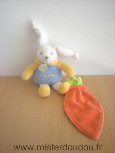 Lapin Pti doux bleu jaune blanc avec carotte orange Doudou et compagnie