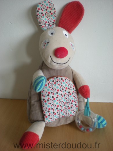 Ebulobo Lapin Marron rouge bleu poche dans le ventre devant - Très bon état