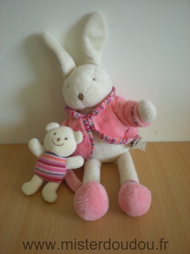 Jellykitten Lapin Ecru veste rose tenant un bébé ours - Très bon état
