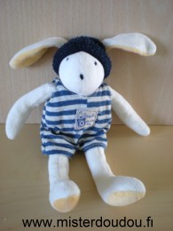 Lapin Blanc jaune bonnet bleu tenue rayée gris bleu Moulin roty