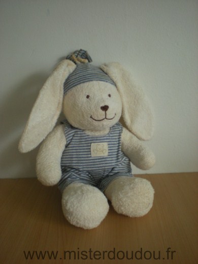 Lapin Ecru avec salopette rayée bleu et blanc Nicotoy