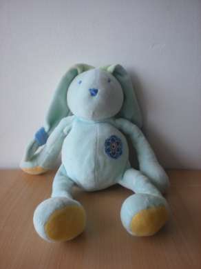Nounours Lapin Bleu interrieur oreilles vert, fleur sur la poitrine - Très bon état