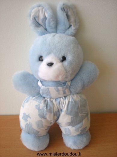 Lapin Peluche bleu salopette tissus bleu blanc Nounours