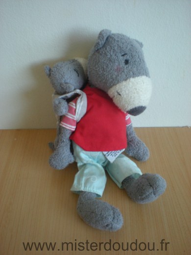 Carré blanc Loup Gris tshirt rouge pentalon bleu avec bebe sur le dos - Très bon état