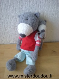 Carré blanc Loup Loup gris avec bébé loup tshirt rouge pentalon bleu - Très bon état