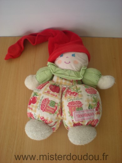 Nounours Lutin Vert bonnet rouge motifs fruits - Très bon état