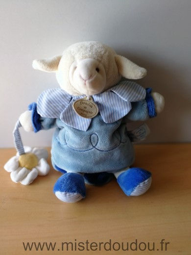 Doudou et compagnie Mouton Gaston bleu blanc fleur - Très bon état