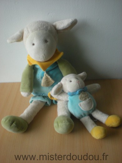 Mouton Simon et bébé mouton, bleu jaune vert Doudou et compagnie