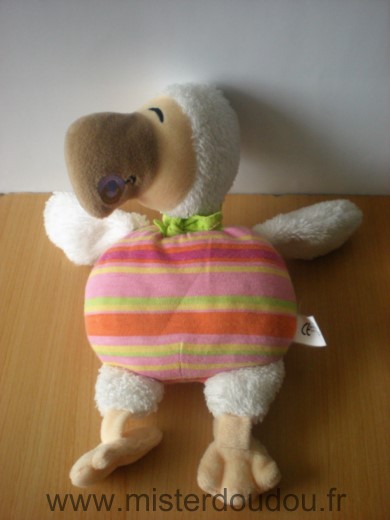 Wally plush Oiseau Blanc foulard vert rayures roses orange jaune dodo - Très bon état