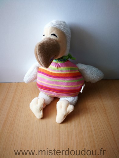 Wally plush Oiseau Blanc rayures orange rose jaune foulard vert bebe dodu dodo - Très bon état
