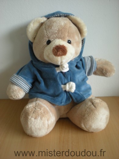 Ours Beige ecru nez marron veste capuche bleue amovible Animal alley
