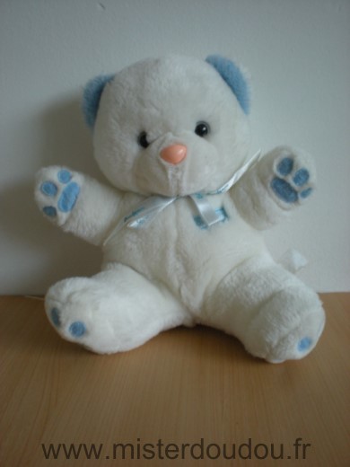 Boulgom Ours Peluche blanc bleu nez rose - Très bon état