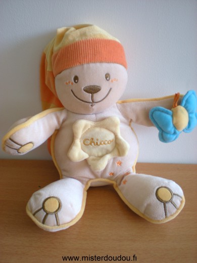 Chicco Ours Beige bonnet jaune orange papillon bleu sur la main - Très bon état