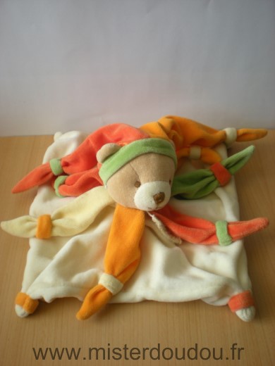 Ours Arlequin blanc petales orange jaune Doudou et compagnie