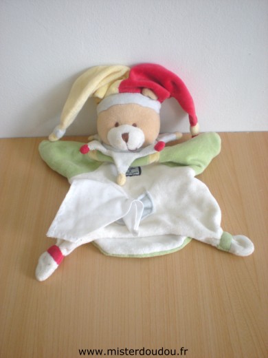 Ours Arlequin blanc vert bonnet jaune rouge Doudou et compagnie