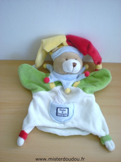 Ours Arlequin blanc vert jaune rouge mouchoir blanc Doudou et compagnie