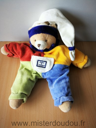 Doudou et compagnie Ours Arlequin rouge jaune vert bleu bonnet blanc - Très bon état