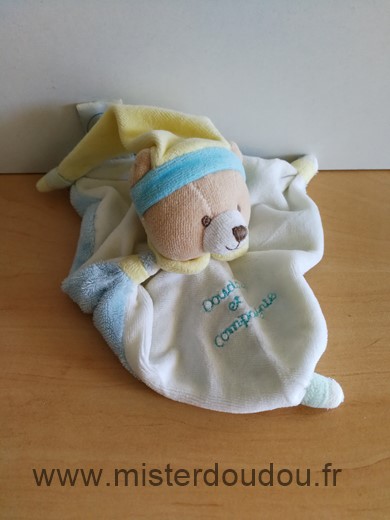 Doudou et compagnie Ours Blanc bleu bonnet jaune - Très bon état